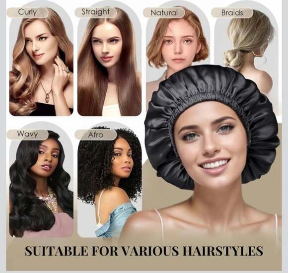 Silk Satin Sleep Bonnet - Black Night Cap for Hair‎ Protection - Picture 8 of 9